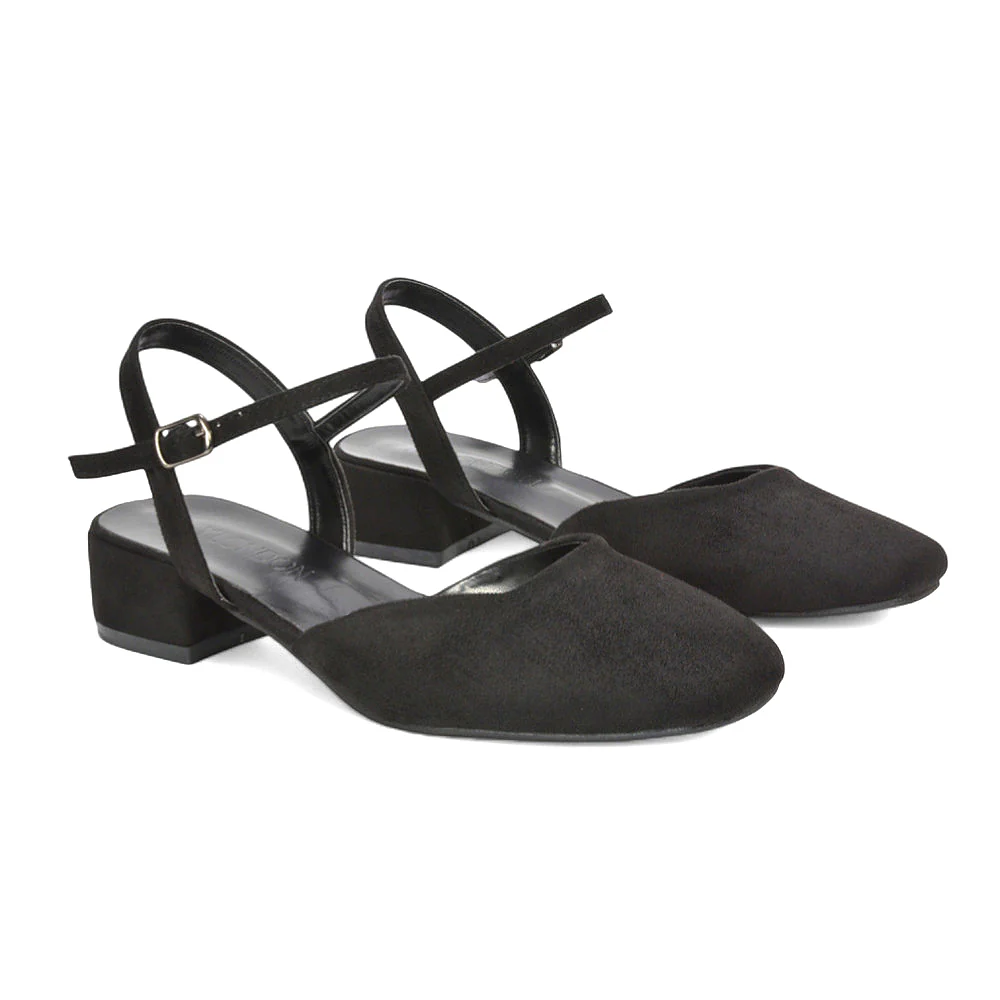 Alisia Ankle Strappy Low Block Heel Sandals Court Shoes in Black Faux Suede