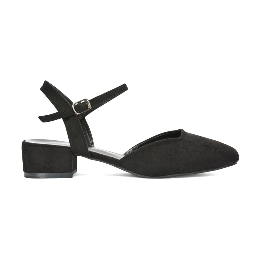 Alisia Ankle Strappy Low Block Heel Sandals Court Shoes in Black Faux Suede - Image 2