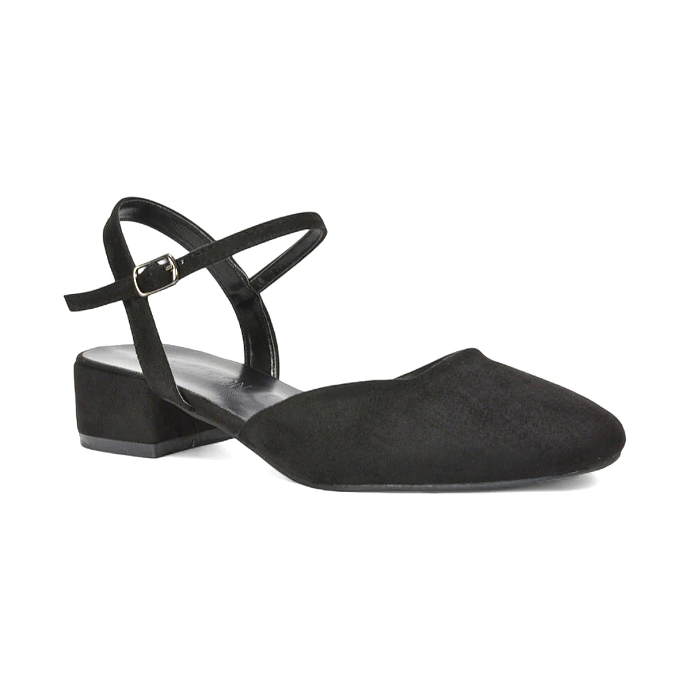 Alisia Ankle Strappy Low Block Heel Sandals Court Shoes in Black Faux Suede - Image 3