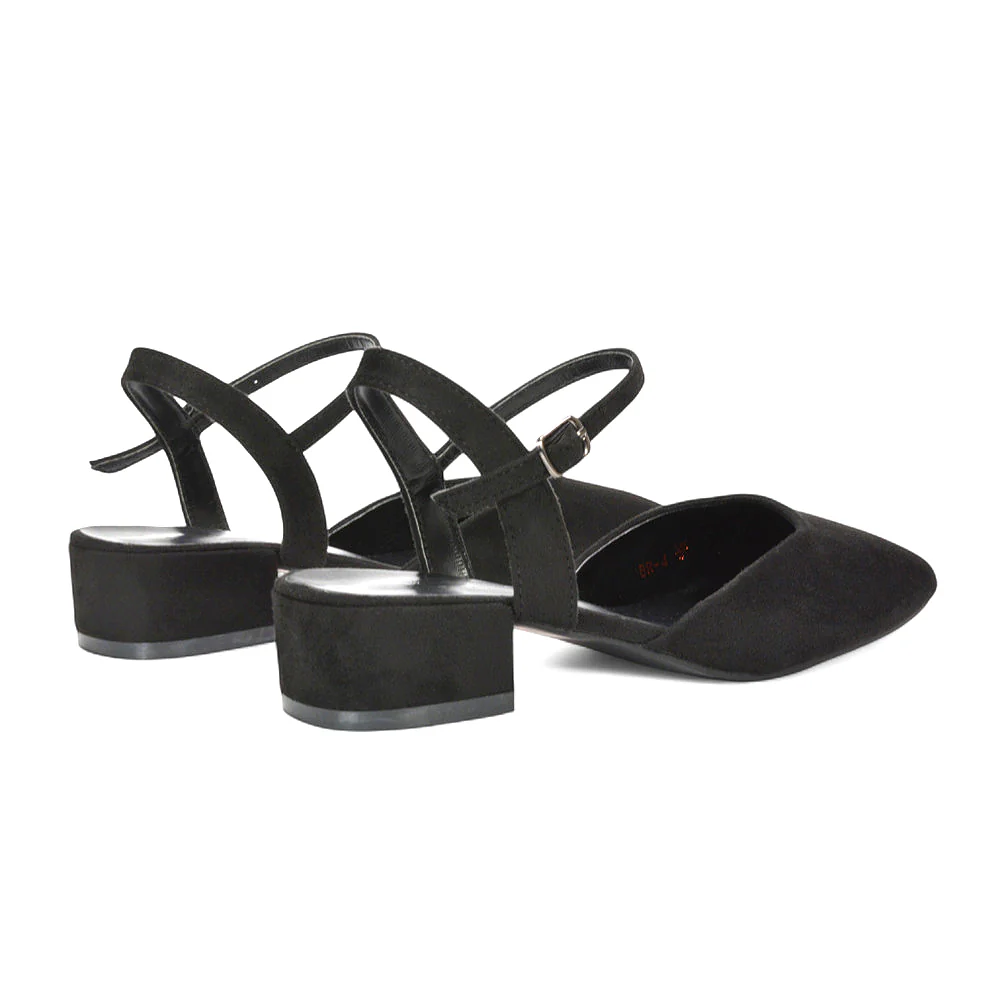 Alisia Ankle Strappy Low Block Heel Sandals Court Shoes in Black Faux Suede - Image 4
