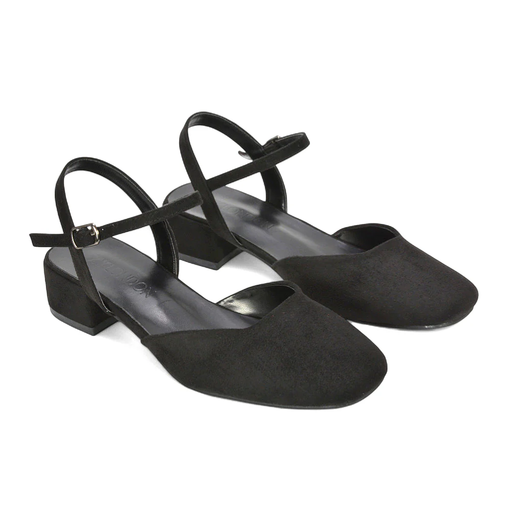 Alisia Ankle Strappy Low Block Heel Sandals Court Shoes in Black Faux Suede - Image 5