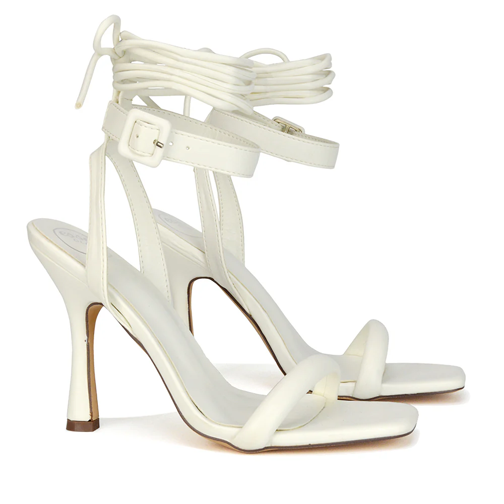 Althea Womens Square Toe Lace Up Strappy High Heel Sandals in White Synthetic Leather