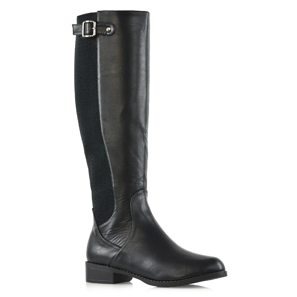 AMALIE ELASTICATED BUCKLE DETAIL FLAT KNEE HIGH BOOTS IN BLACK SYNTHETIC LEATHER - Image 10