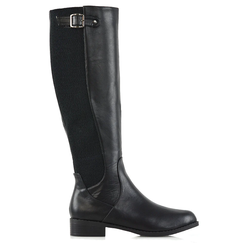 AMALIE ELASTICATED BUCKLE DETAIL FLAT KNEE HIGH BOOTS IN BLACK SYNTHETIC LEATHER - Image 2