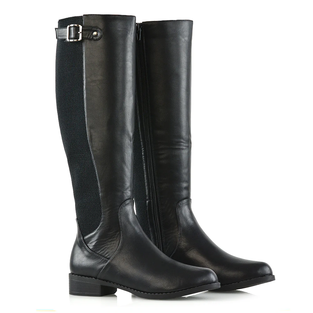 AMALIE ELASTICATED BUCKLE DETAIL FLAT KNEE HIGH BOOTS IN BLACK SYNTHETIC LEATHER - Image 3