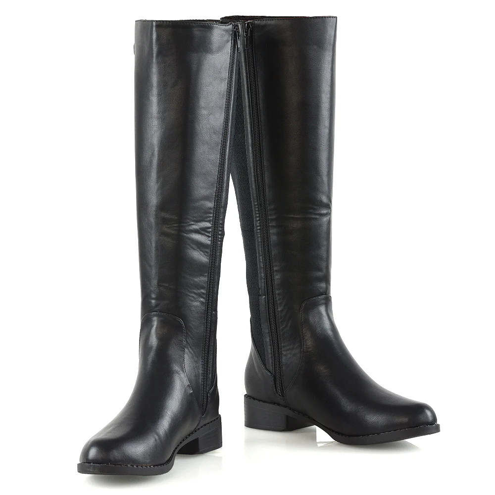 AMALIE ELASTICATED BUCKLE DETAIL FLAT KNEE HIGH BOOTS IN BLACK SYNTHETIC LEATHER - Image 4