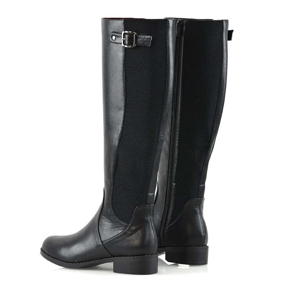 AMALIE ELASTICATED BUCKLE DETAIL FLAT KNEE HIGH BOOTS IN BLACK SYNTHETIC LEATHER - Image 5