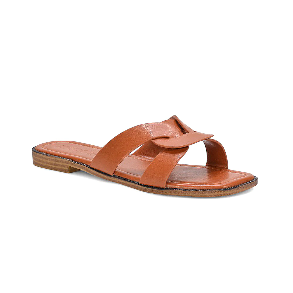 Amalie Women’s Flat Slip-On Slider Sandals for Summer in Tan Synthetic Leather - Image 3