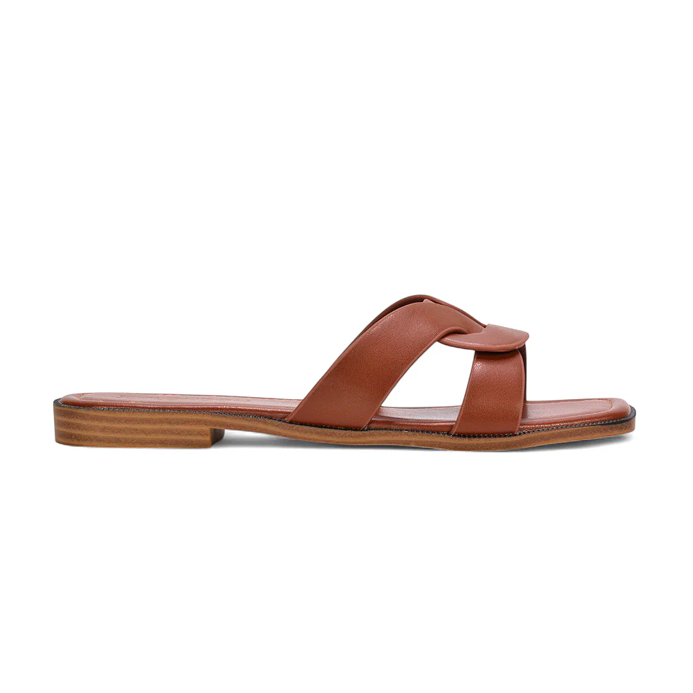 Amalie Women’s Flat Slip-On Slider Sandals for Summer in Tan Synthetic Leather - Image 7