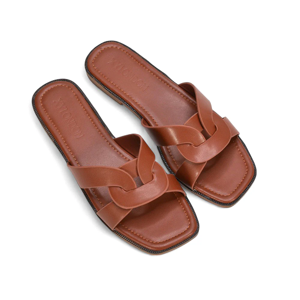 Amalie Women’s Flat Slip-On Slider Sandals for Summer in Tan Synthetic Leather - Image 10
