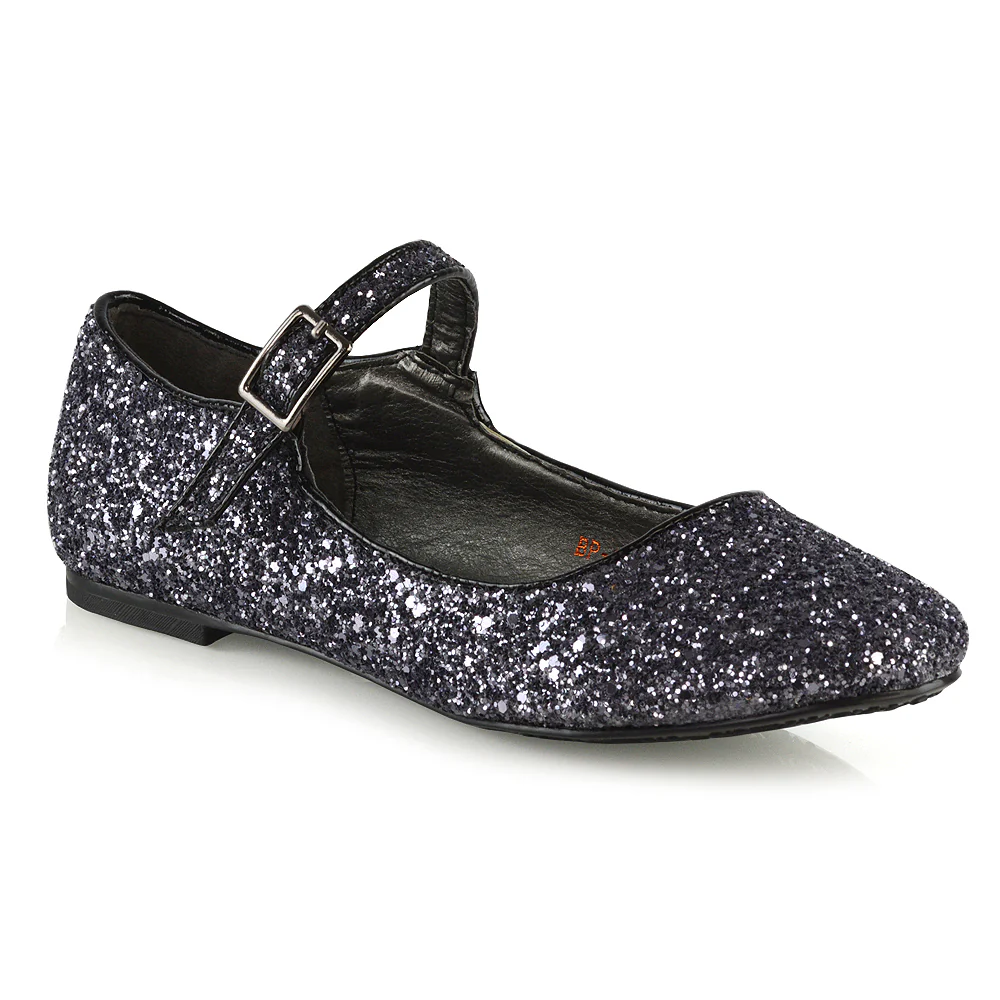 Amanda Buckle Up Strappy Ballerina Pump Flat Bridal Shoes In Black Glitter - Image 75