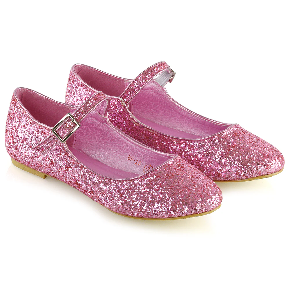 Amanda Buckle Up Strappy Ballerina Pump Flat Bridal Shoes In Pink Glitter - Image 3