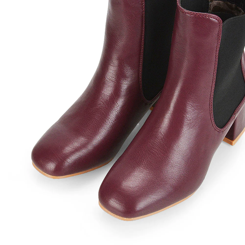 Anabella Square Toe Slip on Elasticated Mid-Block Heel Chelsea Ankle Boots in Black PU - Image 25
