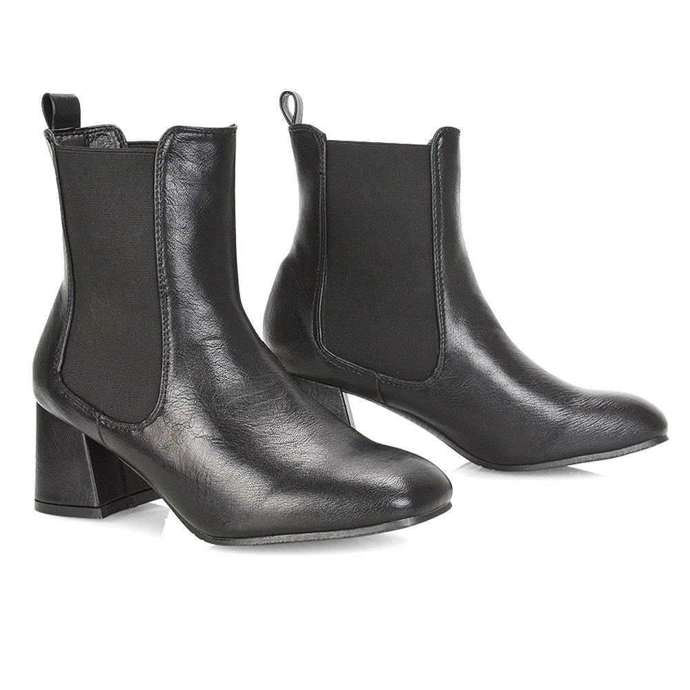 Anabella Square Toe Slip on Elasticated Mid-Block Heel Chelsea Ankle Boots in Black PU - Image 50