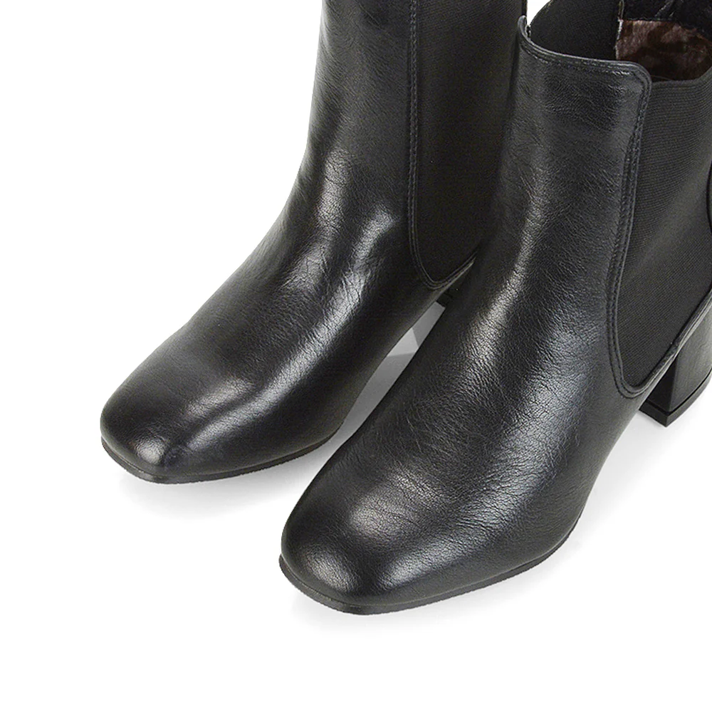 Anabella Square Toe Slip on Elasticated Mid-Block Heel Chelsea Ankle Boots in Black PU - Image 52