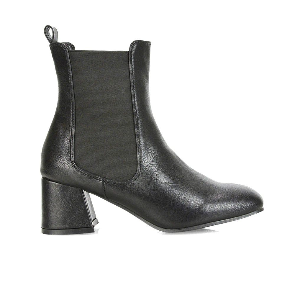 Anabella Square Toe Slip on Elasticated Mid-Block Heel Chelsea Ankle Boots in Black PU - Image 54