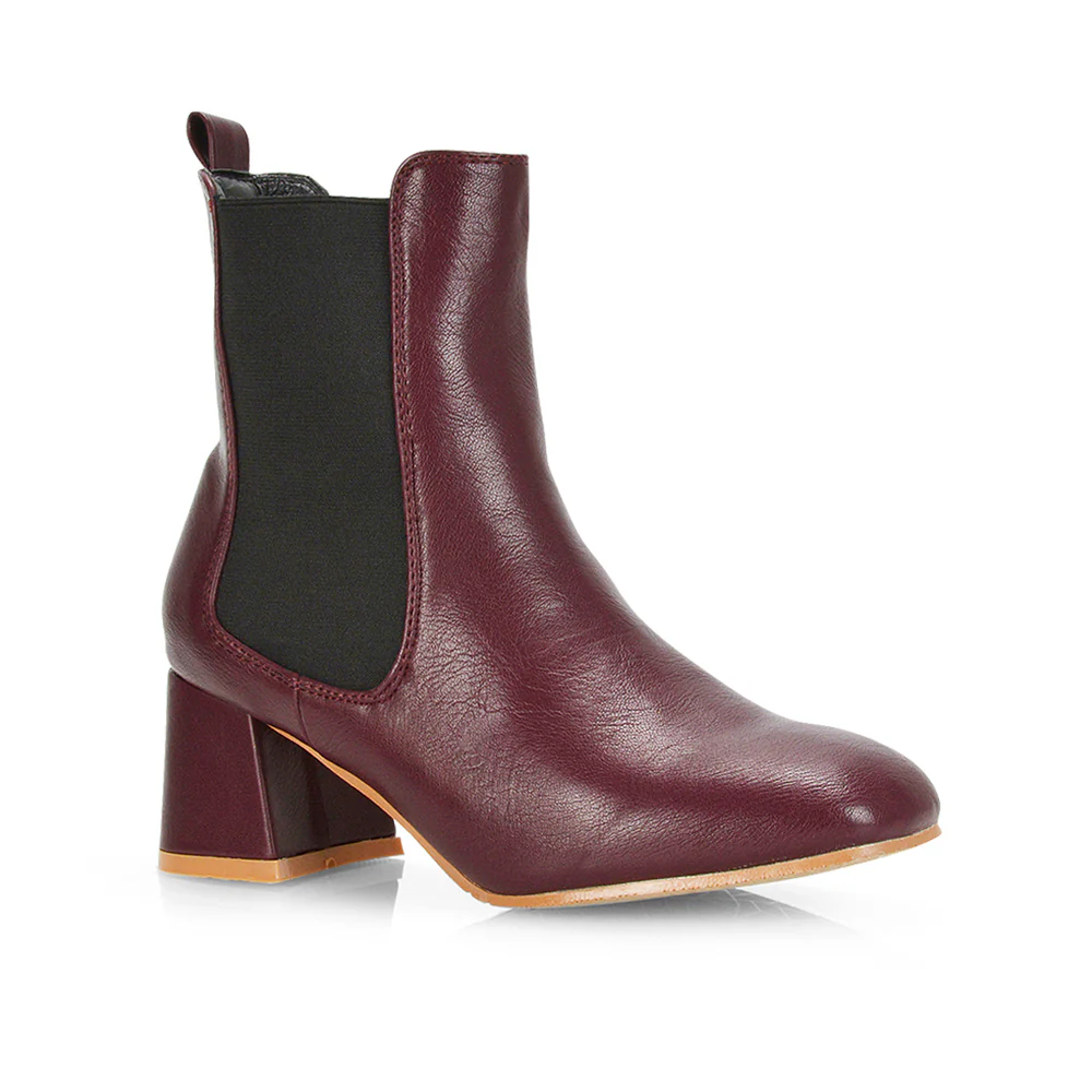 Anabella Square Toe Slip on Elasticated Mid-Block Heel Chelsea Ankle Boots in Burgandy - Image 2