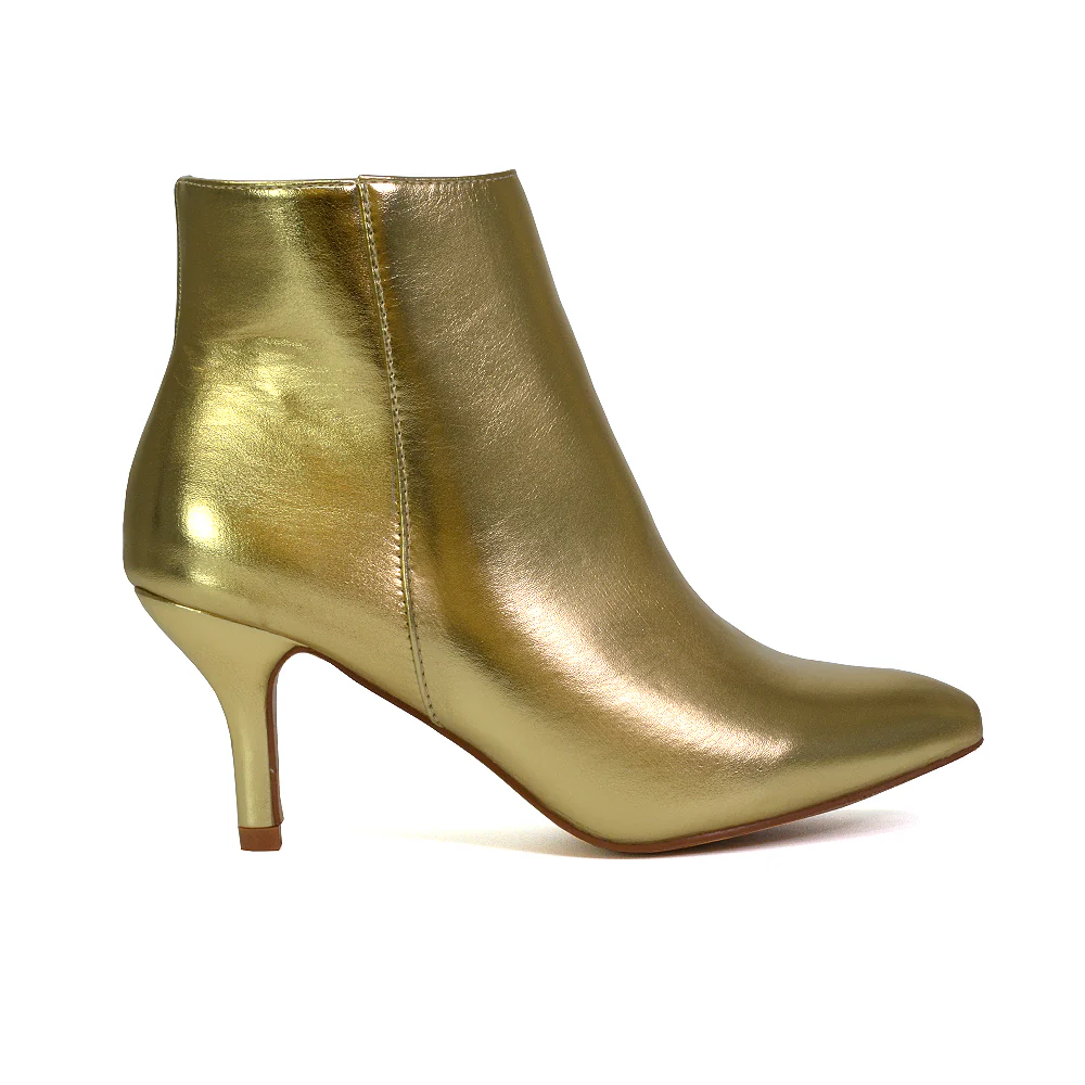 Anastasia Low mid Kitten High Heel Stiletto Zip-up Ankle Boots in Gold - Image 131