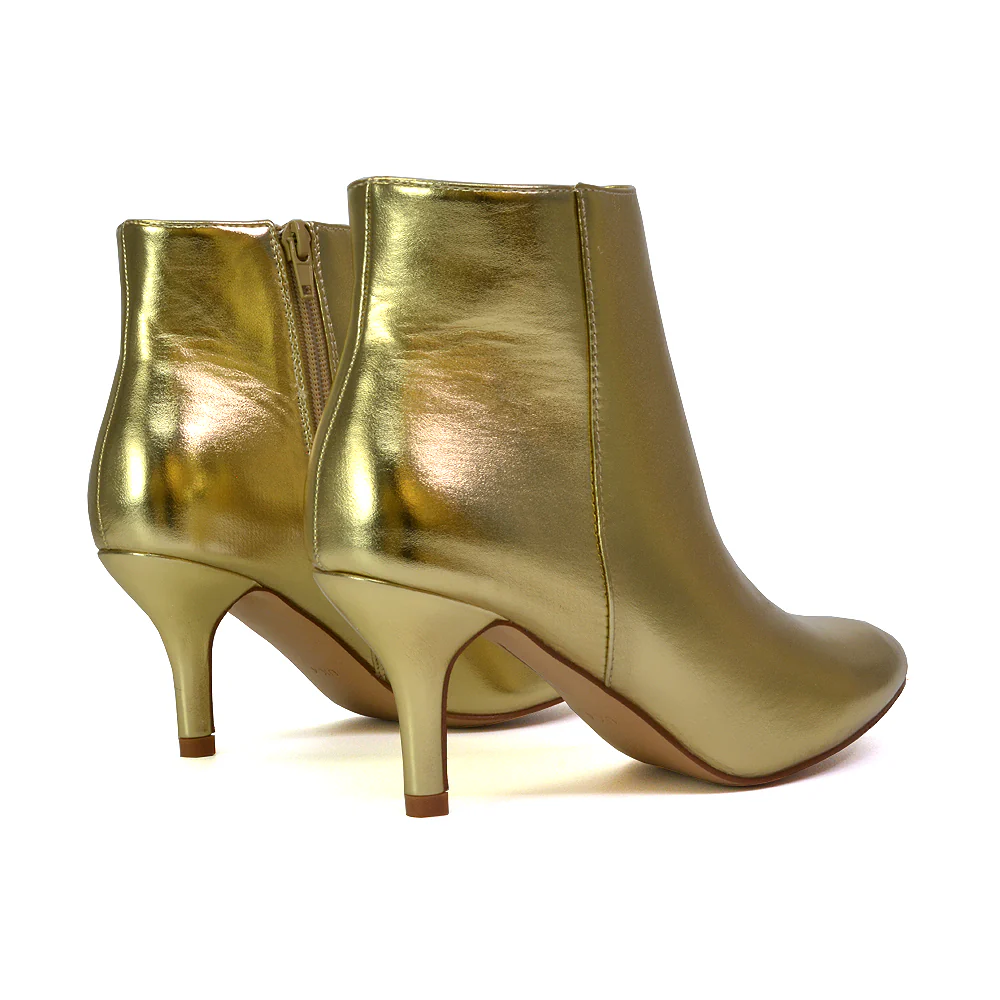 Anastasia Low mid Kitten High Heel Stiletto Zip-up Metallic Ankle Boots in Silver - Image 125