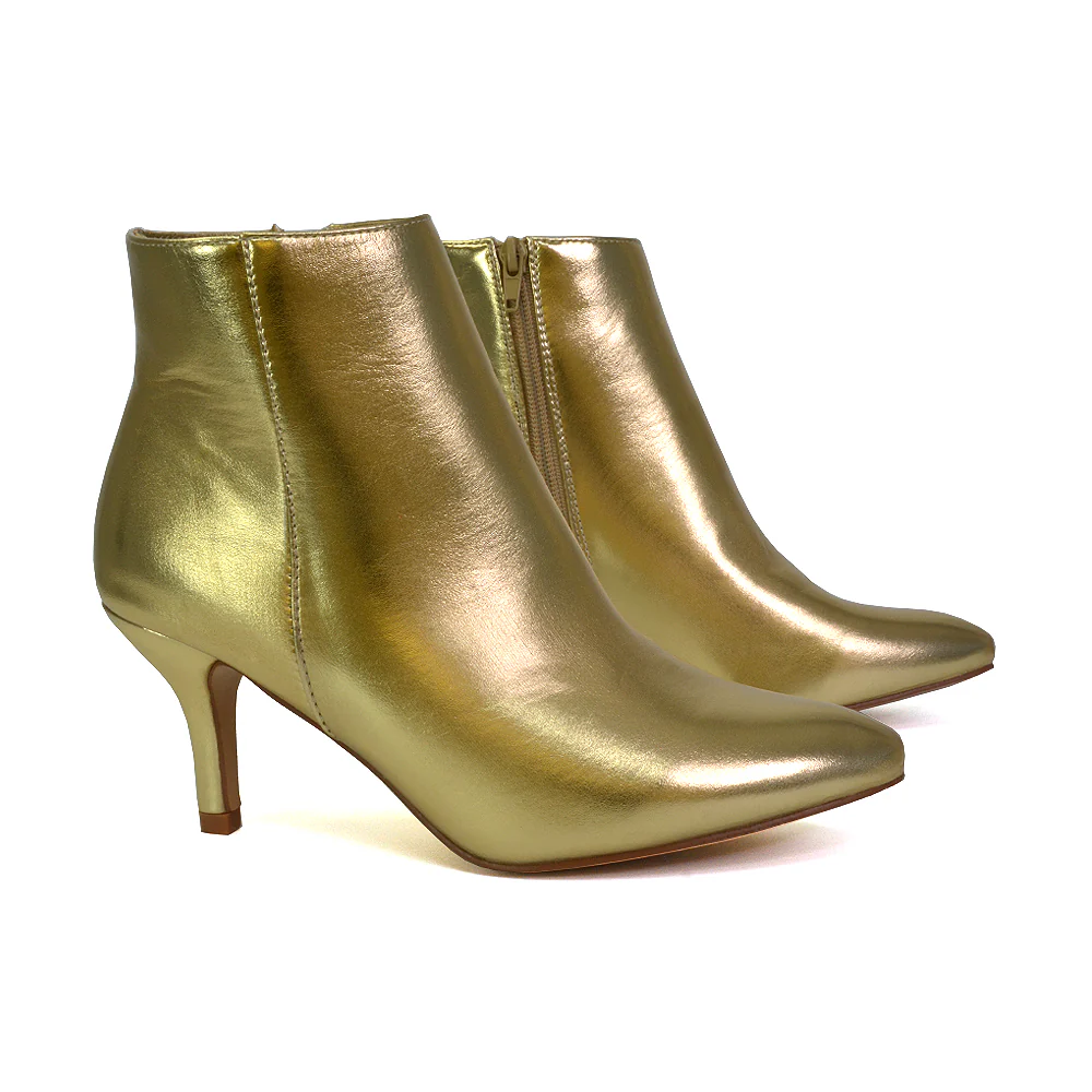 Anastasia Low mid Kitten High Heel Stiletto Zip-up Metallic Ankle Boots in Silver - Image 127