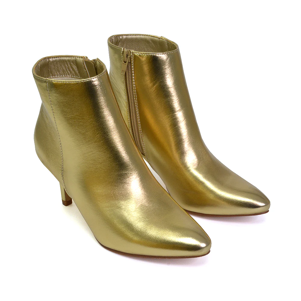 Anastasia Low mid Kitten High Heel Stiletto Zip-up Metallic Ankle Boots in Silver - Image 128
