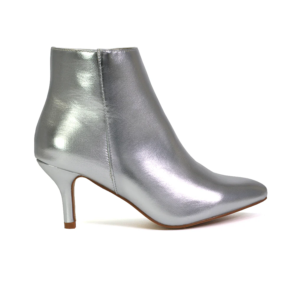 Anastasia Low mid Kitten High Heel Stiletto Zip-up Metallic Ankle Boots in Silver - Image 86