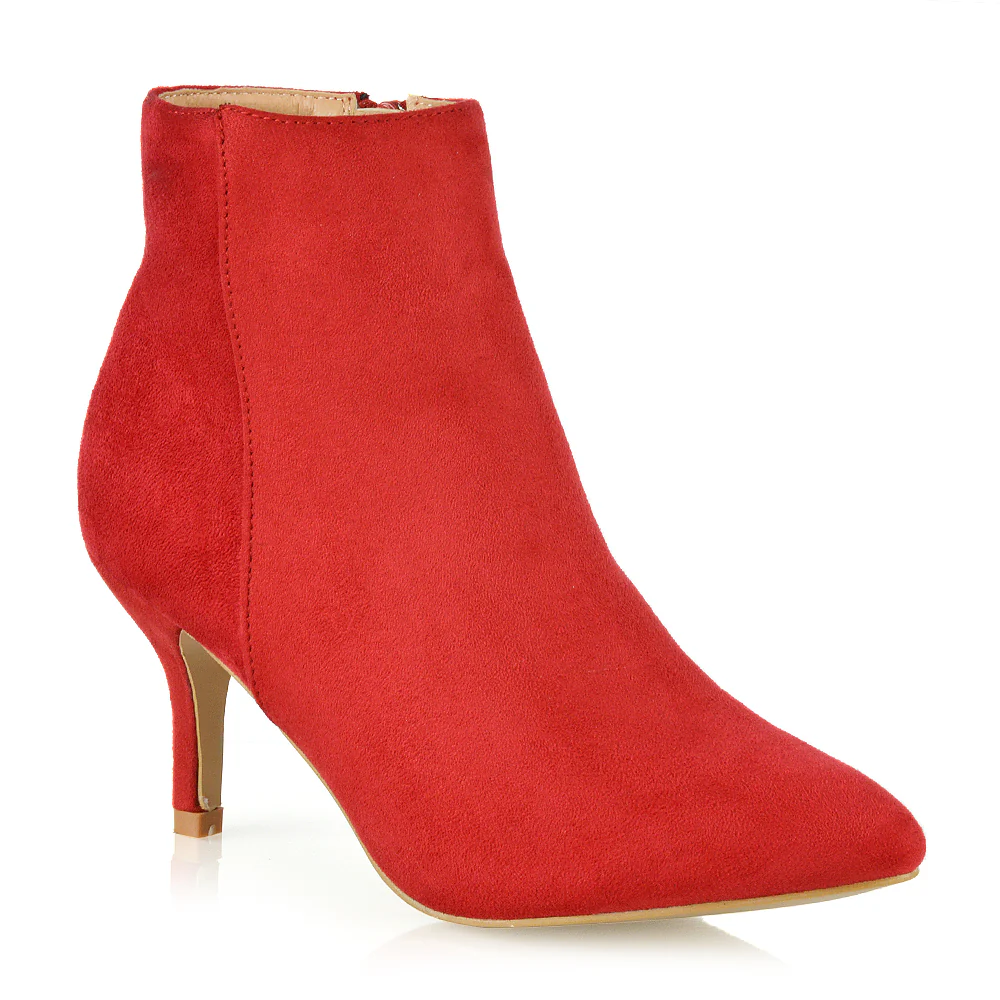 Anastasia Low mid Kitten High Heel Stiletto Zip-up Ankle Boots in Red Faux Suede - Image 21