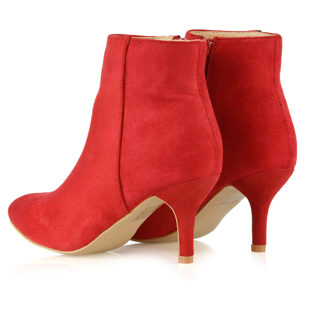 Anastasia Low mid Kitten High Heel Stiletto Zip-up Ankle Boots in Red Faux Suede - Image 9