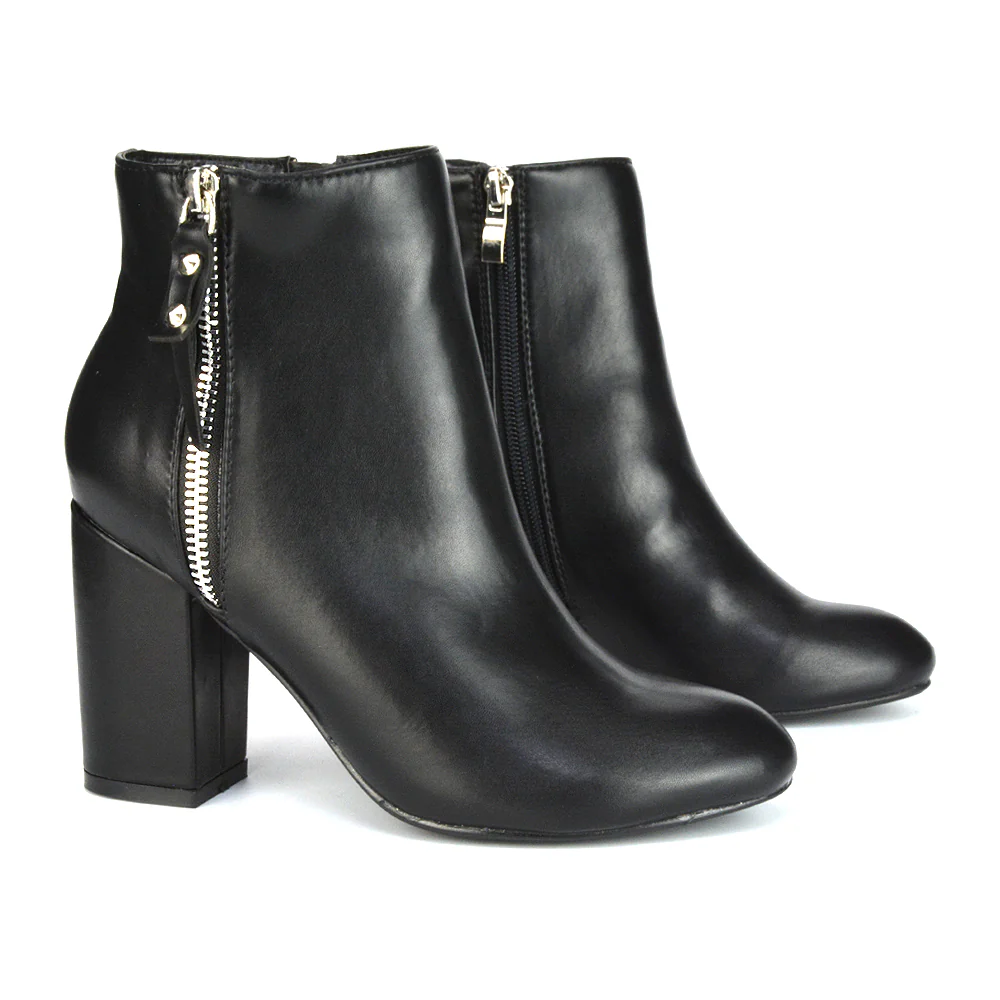 Andrea Pointed Toe Zip Up Statement High Block Heel Ankle Boots In Black Synthetic Leather - Image 13