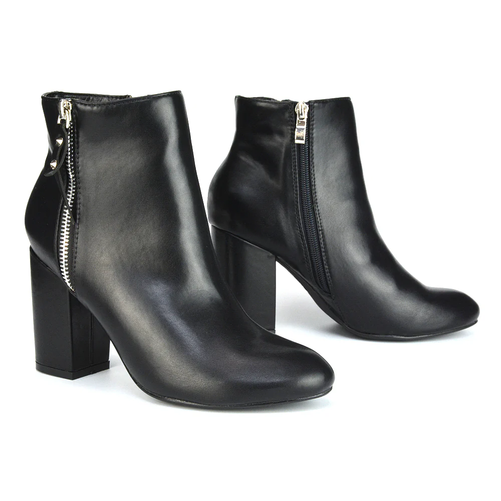 Andrea Pointed Toe Zip Up Statement High Block Heel Ankle Boots In Black Synthetic Leather - Image 15