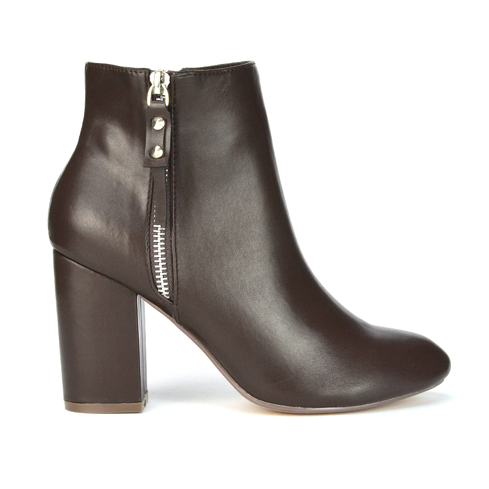 Andrea Pointed Toe Zip Up Statement High Block Heel Ankle Boots In Black Synthetic Leather - Image 66