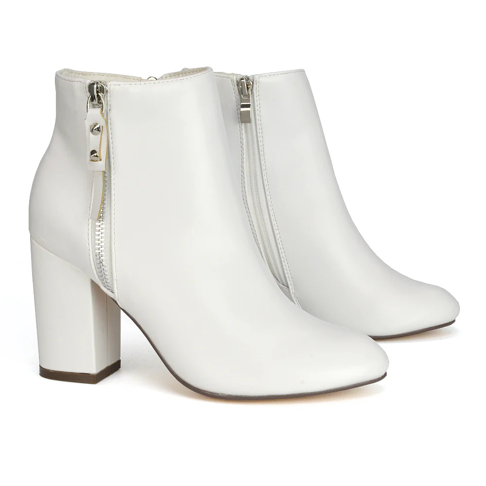 Andrea Pointed Toe Zip Up Statement High Block Heel Ankle Boots In Brown Synthetic Leather - Image 45