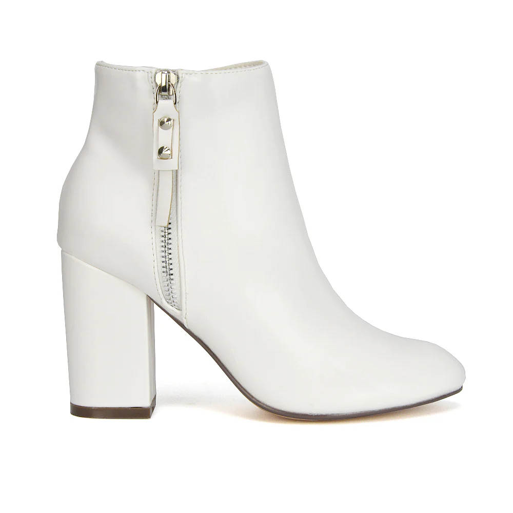 Andrea Pointed Toe Zip Up Statement High Block Heel Ankle Boots In Brown Synthetic Leather - Image 50