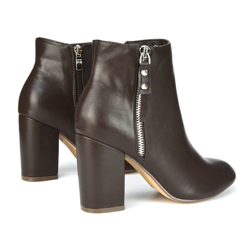 Andrea Pointed Toe Zip Up Statement High Block Heel Ankle Boots In Brown Synthetic Leather - Image 64