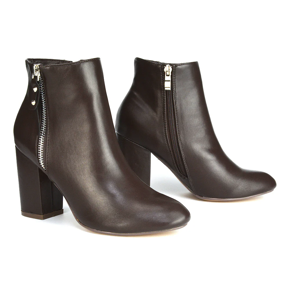 Andrea Pointed Toe Zip Up Statement High Block Heel Ankle Boots In Brown Synthetic Leather - Image 71