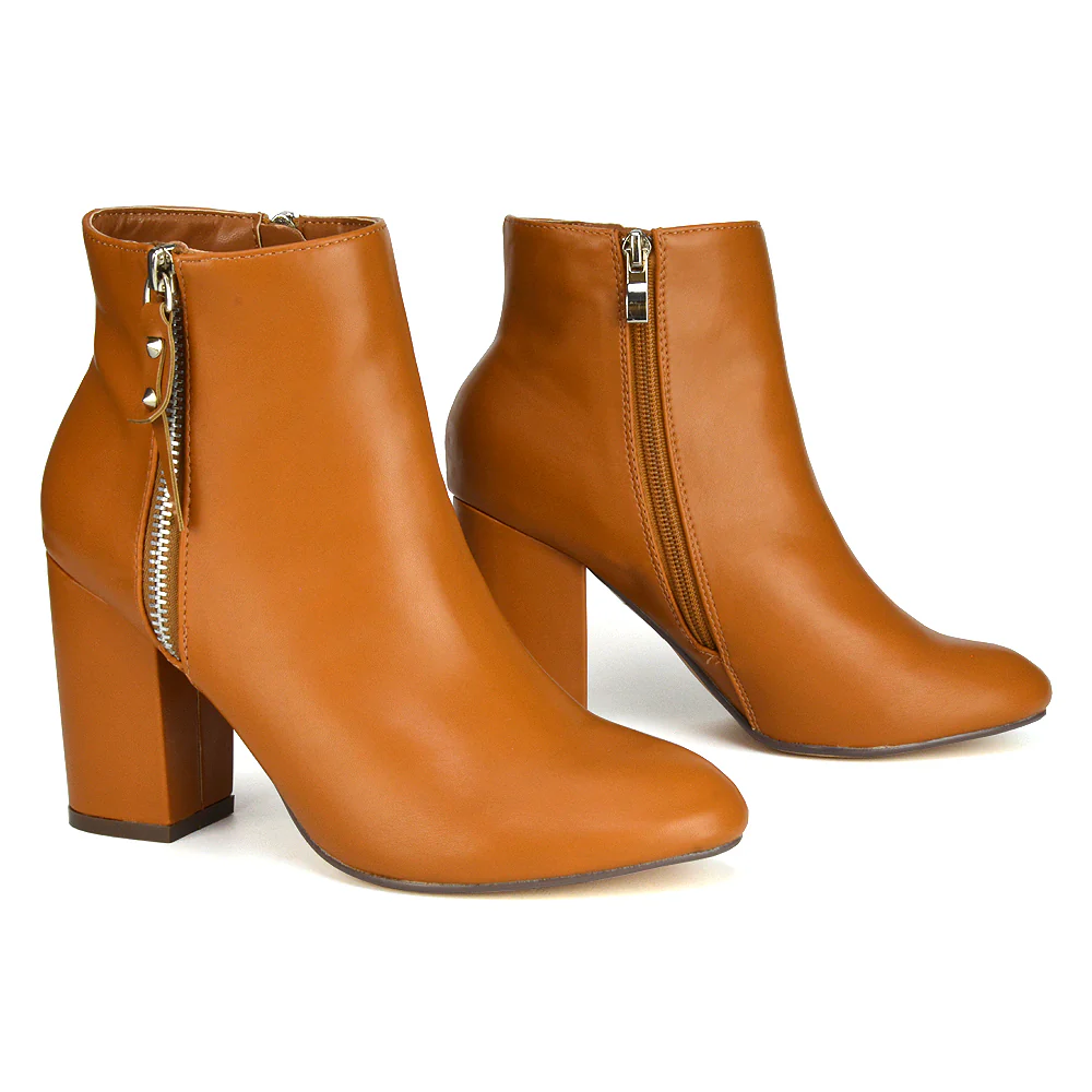 Andrea Pointed Toe Zip Up Statement High Block Heel Ankle Boots In Brown Synthetic Leather - Image 79
