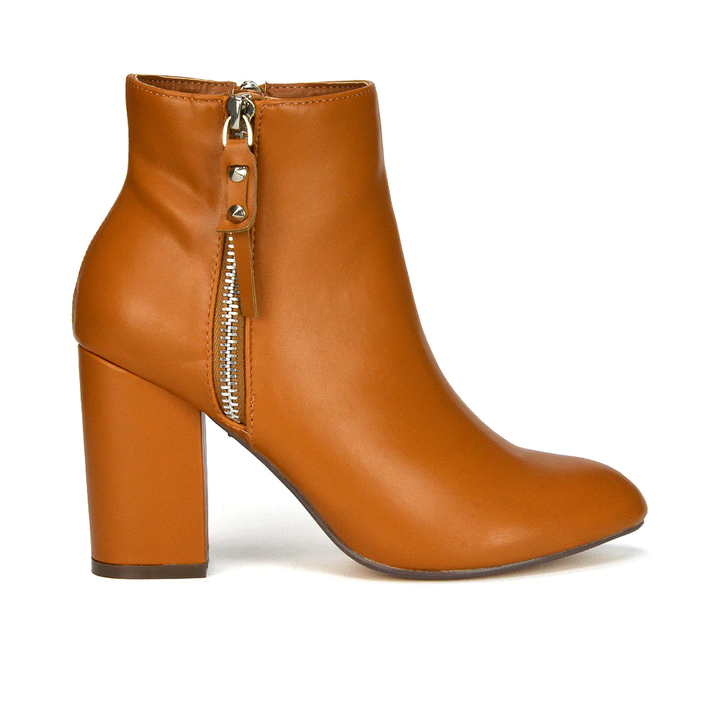 Andrea Pointed Toe Zip Up Statement High Block Heel Ankle Boots In Brown Synthetic Leather - Image 82