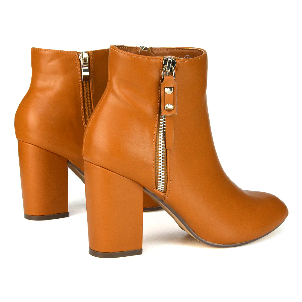 Andrea Pointed Toe Zip Up Statement High Block Heel Ankle Boots In Brown Synthetic Leather - Image 96