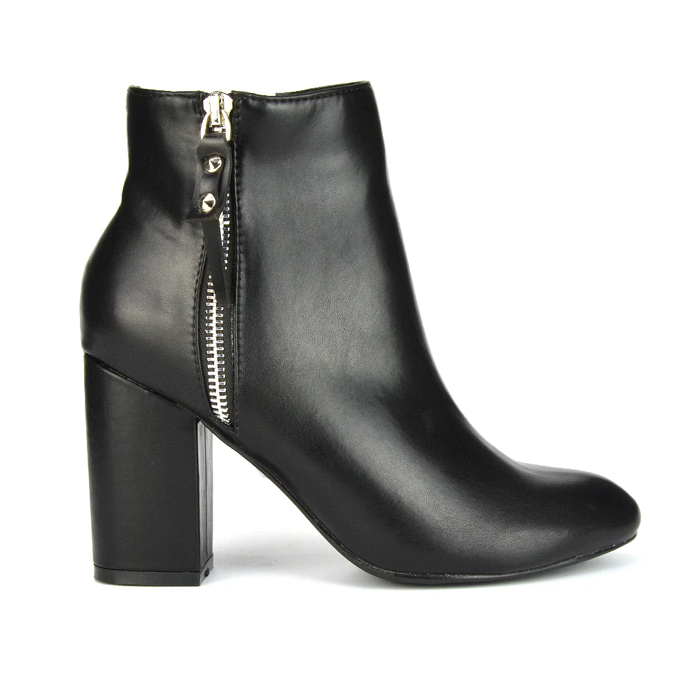 Andrea Pointed Toe Zip Up Statement High Block Heel Ankle Boots In Tan Synthetic Leather - Image 14