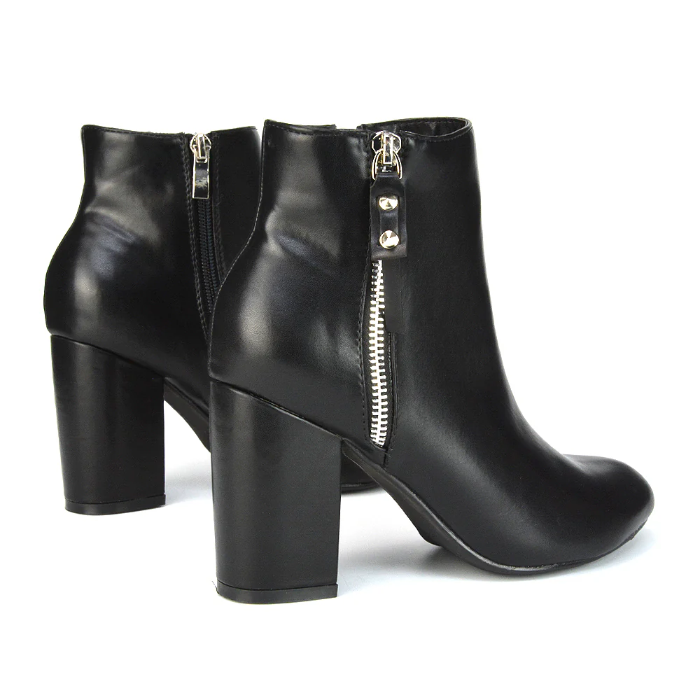 Andrea Pointed Toe Zip Up Statement High Block Heel Ankle Boots In Tan Synthetic Leather - Image 24