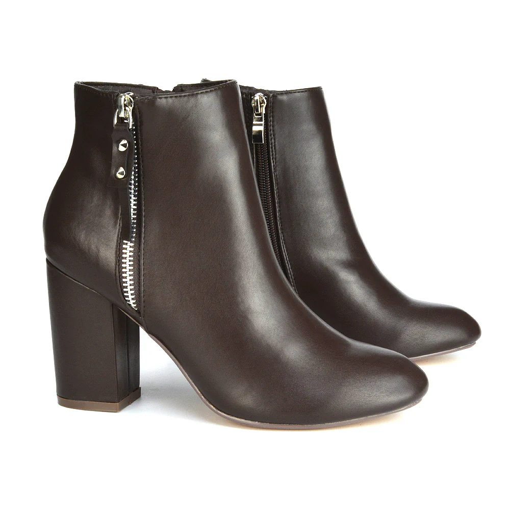 Andrea Pointed Toe Zip Up Statement High Block Heel Ankle Boots In Tan Synthetic Leather - Image 73