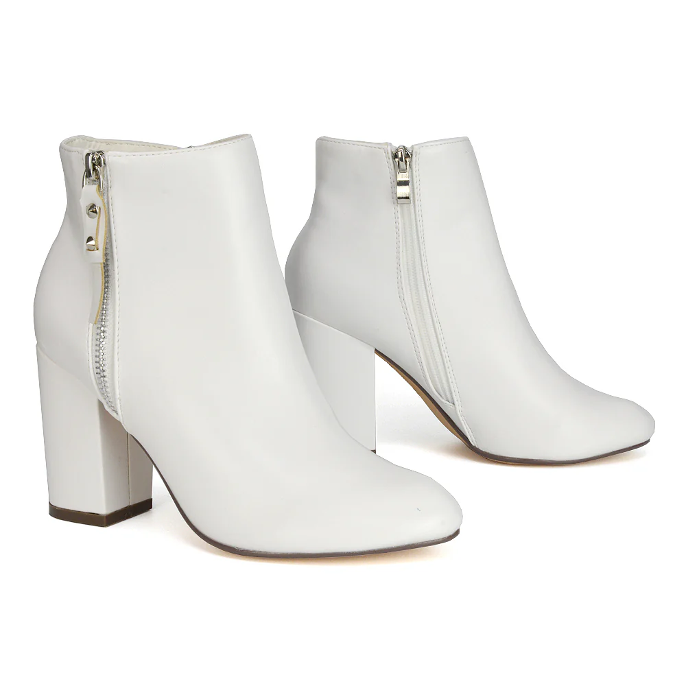Andrea Pointed Toe Zip Up Statement High Block Heel Ankle Boots In White Synthetic Leather - Image 35