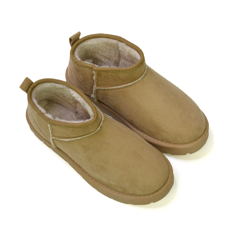 Angelina Flat Ankle Winter Ultra Mini Boots with Faux Fur Insole In Sand - Image 29
