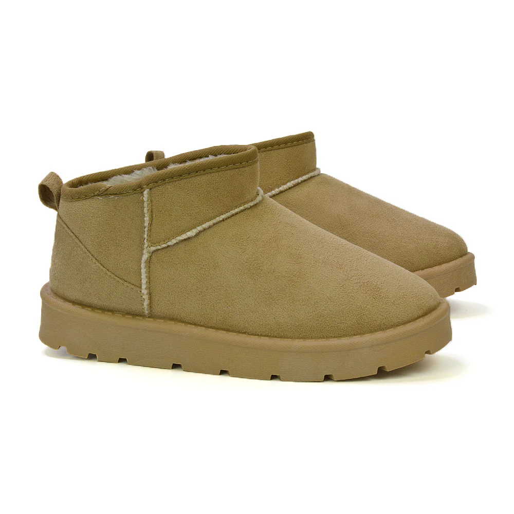 Angelina Flat Ankle Winter Ultra Mini Boots with Faux Fur Insole In Sand - Image 36