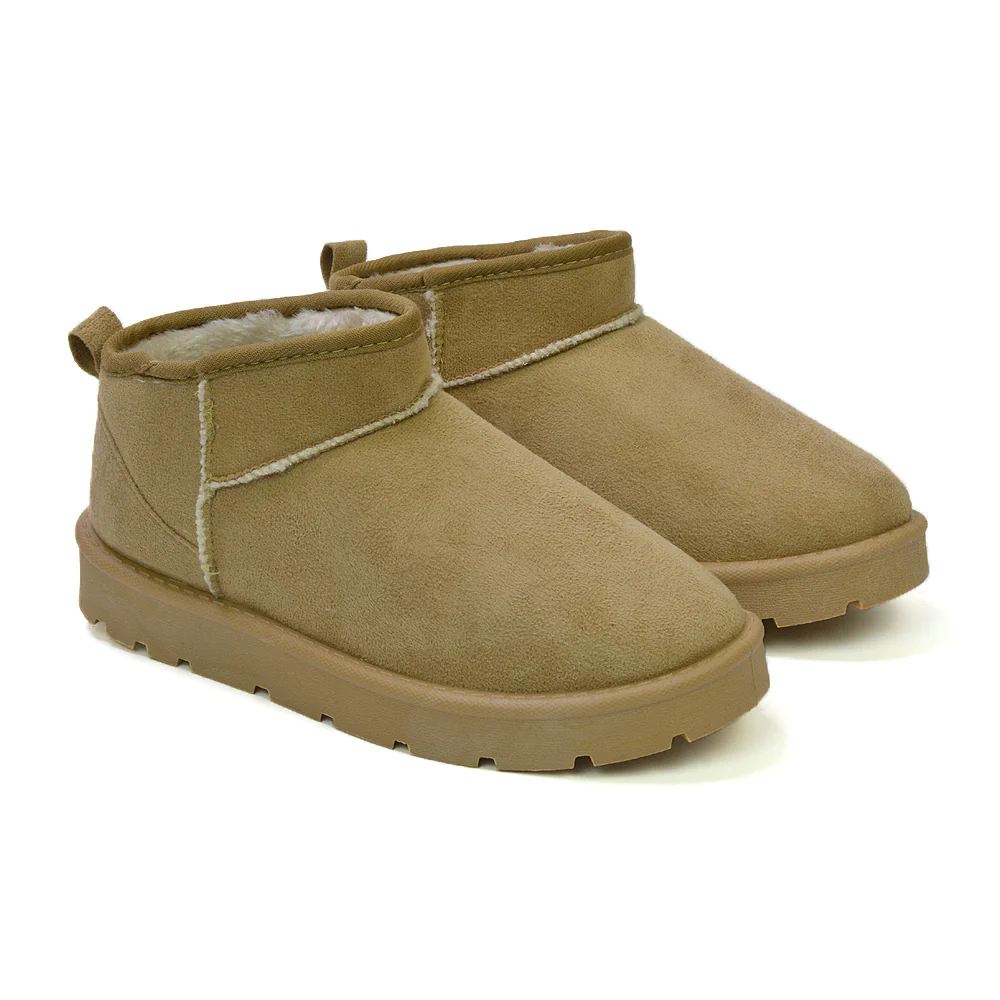 Angelina Flat Ankle Winter Ultra Mini Boots with Faux Fur Insole In Sand - Image 46