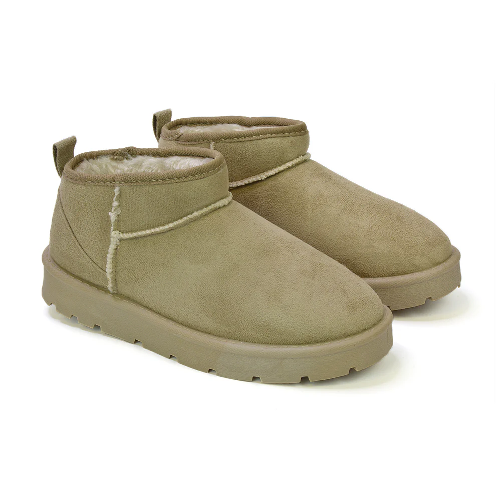 Angelina Flat Ankle Winter Ultra Mini Boots with Faux Fur Insole In Sand - Image 54