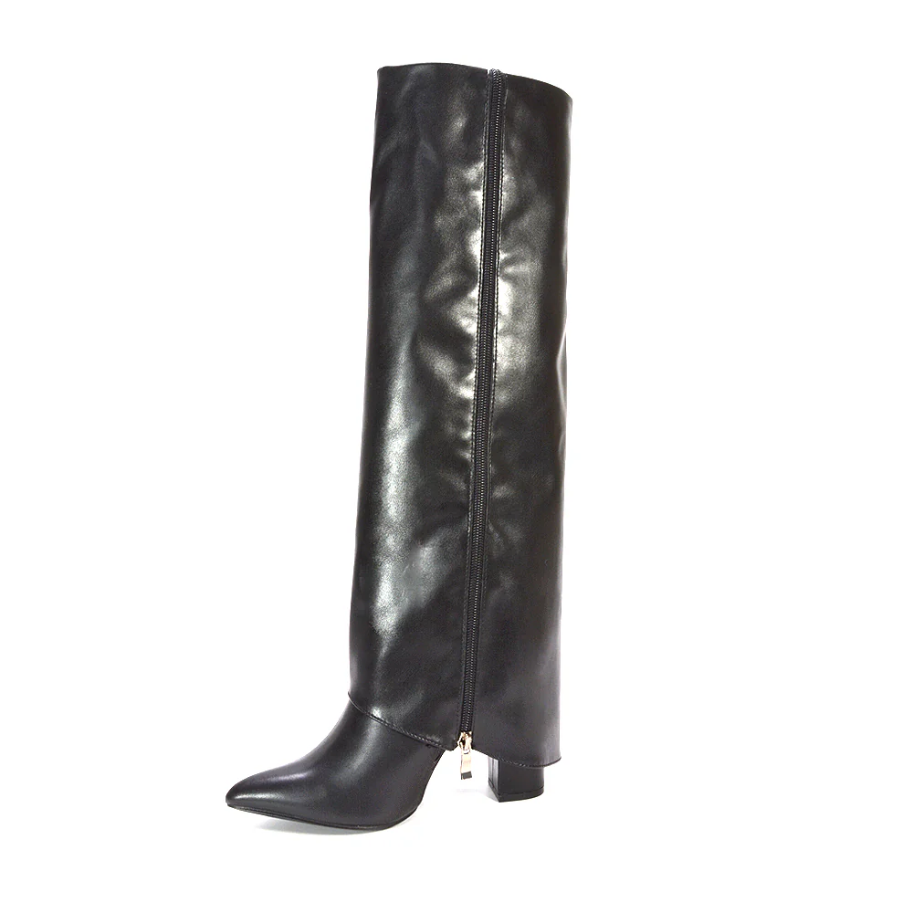 Anna Block High Heel Fold Over Knee High Boots in Silver Metallic - Image 9