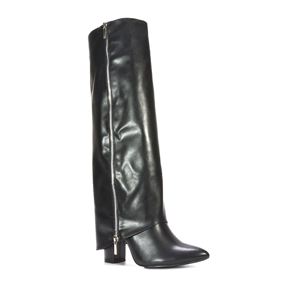 Anna Block High Heel Fold Over Knee High Boots in Silver Metallic - Image 11