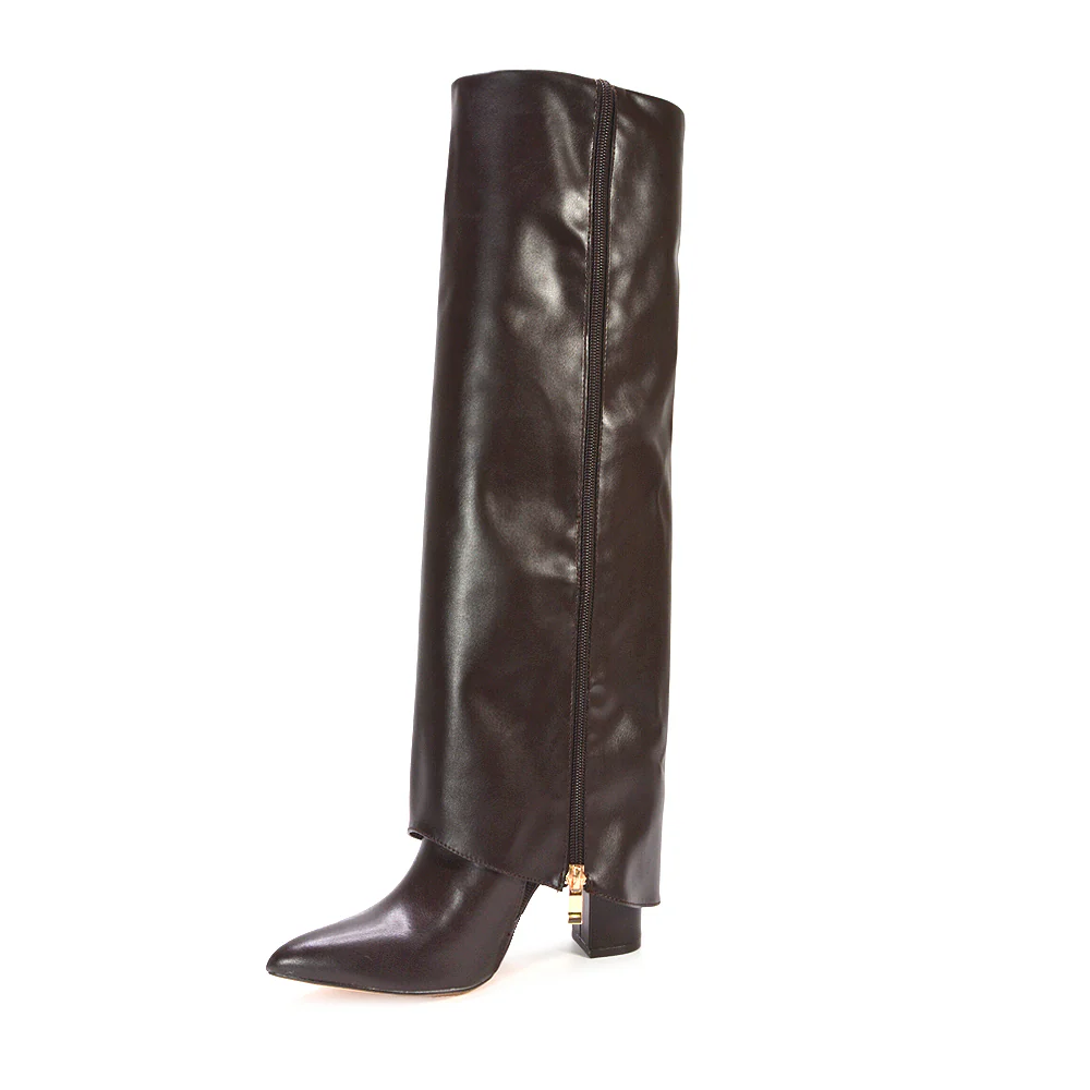 Anna Block High Heel Fold Over Knee High Boots in Silver Metallic - Image 21