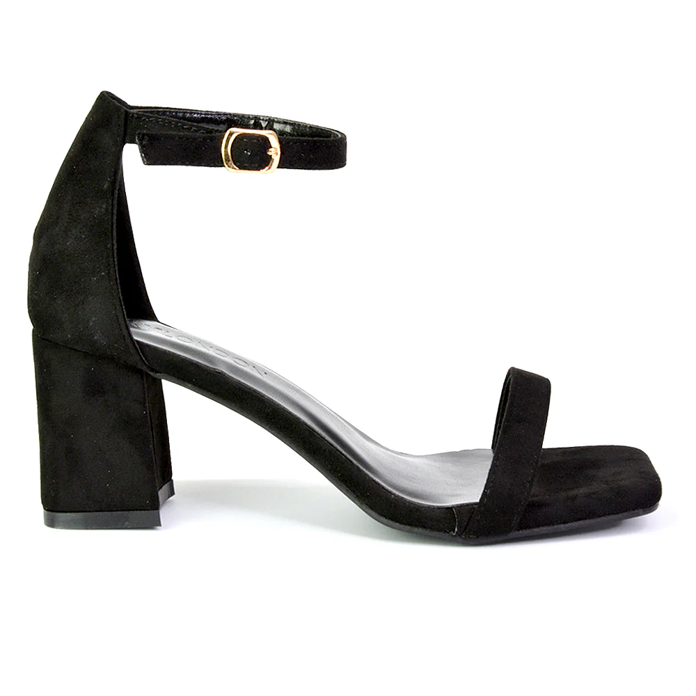 Antigoni Basic Strappy Low Mid Block Heel Square Toe Sandals in Silver - Image 198